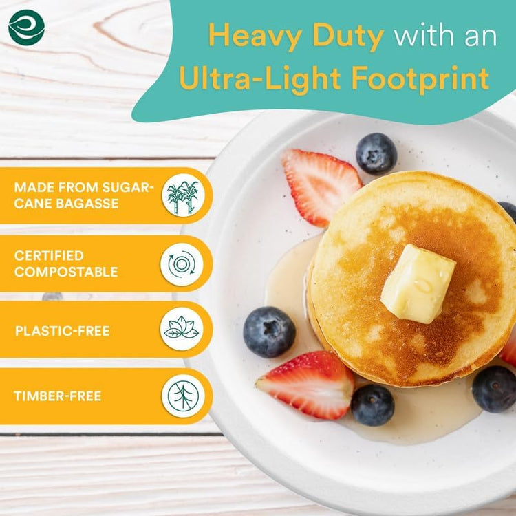 ECO SOUL Pearl White 9 Inch 200 [2x100 Pc] Paper Plates | 100% Compostable Disposable Bagasse I Heavy Duty Eco-Friendly Dinner Plates I Biodegradable Plates