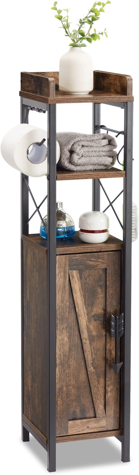 VECELO Small Bathroom Cabinet,Slim Toilet Paper Holder with Door&2 Shelves, Upgraded Narrow Storage Organizer for Restroom Bathroom Tiny Space,Metal Scroll Fenced Top Waterproof Coating,Brown