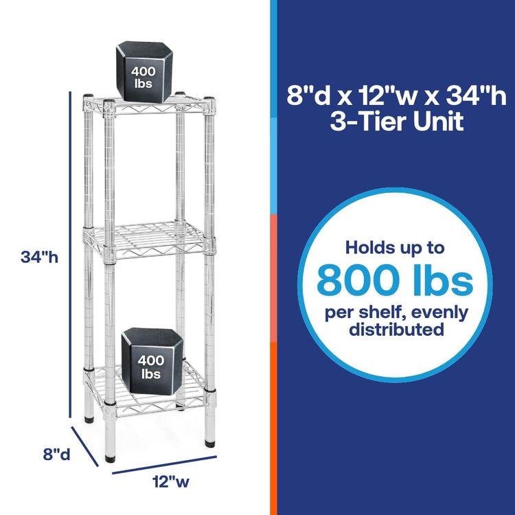 Shelving Inc. 8" d x 12" w Chrome Wire Shelving with 3 Tier Shelves