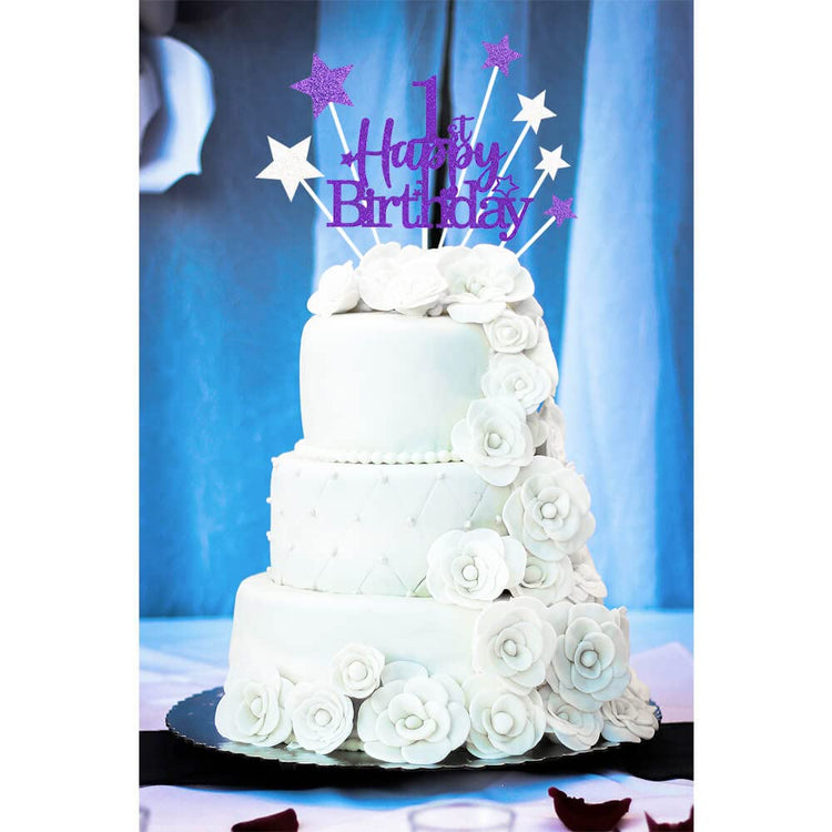Purple Silver 1st Birthday Cake Topper with Glittery Stars (7 Count)