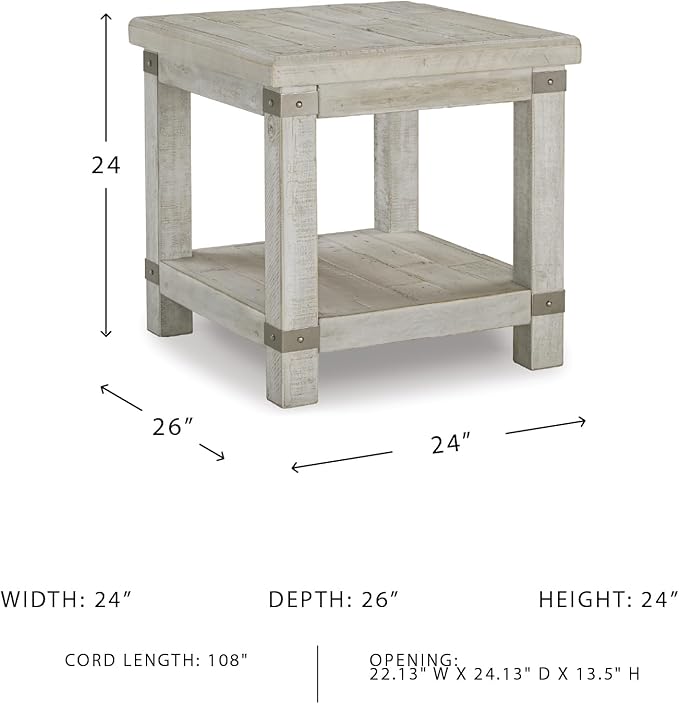 Signature Design by Ashley Carynhurst Farmhouse Rectangular End Table with Lower Shelf, 2 Electrical Outlets and 2 USB Ports, Wood, 24" High, Light Gray