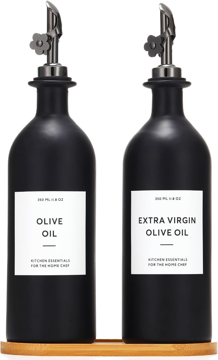 HOMCDALY Olive Oil Dispenser for Kitchen, 16oz Glass Oil Bottles with Bamboo Tray, Black Oil&Vinegar Cruet Set, Kitchen Dispenser Bottles with Pourer | Set of 2 (16oz – Black)