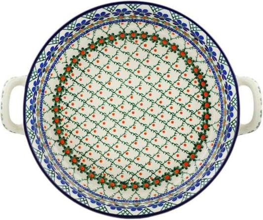 Polmedia Polish Pottery Round Baker with Handles 10-inch - Primrose Trellis Pattern Handmade in Boleslawiec Poland by Ceramika Artystyczna + Certificate of Authenticity