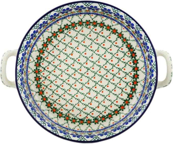 Polmedia Polish Pottery Round Baker with Handles 10-inch - Primrose Trellis Pattern Handmade in Boleslawiec Poland by Ceramika Artystyczna + Certificate of Authenticity
