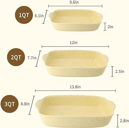 Casserole Dish Set of 3,Lasagna Pan,Ceramic Bakeware for Oven,Rectangular Baking Dishes with Handles,High Heat Resistant,Colorful Speckle Stoneware Series (13.8''/12''/9.6''Yellow)