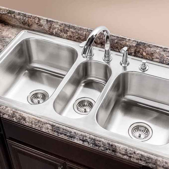 Houzer Stainless Steel PGT-4322-1 Premiere Gourmet Series - Topmount 4-Hole Triple Bowl Kitchen Sink, Premium Corrosion Resistant Quality, Ideal for Kitchen and Bar Use, Includes 2 Basket Strainers