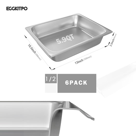 6-Pack 1/2 Size Stainless Steel Catering Pan, 2.5 Inch Deep Hotel Pan for Restaurant, Buffet, Party Supplies (6 Count)