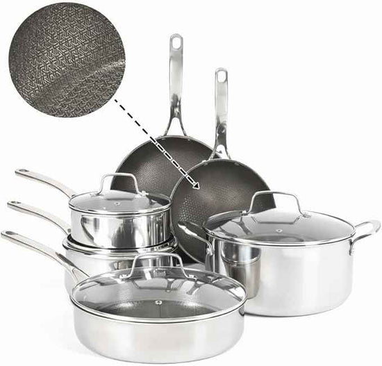 Martha Stewart Badgley Hybrid Nonstick 10 Piece TriPly Stainless Steel Pots and Pans Non-Toxic Kitchen Cookware Set - Laser Etched Perfect Sear Nonstick W/Stay Cool Handle Dishwasher & Induction Safe