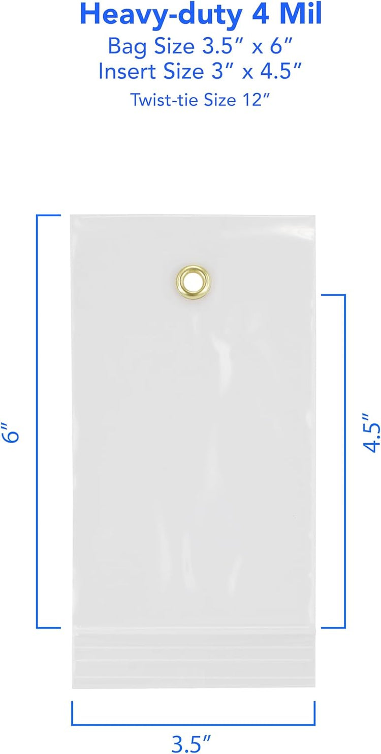 GPI - 3.5" x 6" Reclosable Zip Bags with Bottom Hang-hole & Pre-inserted 12" Twist-tie. 4 Mil Heavy-duty Resealable Zipper Baggy with Grommet/Metal Eyelet for Hanging (Insert Size 3x4.5) 100 Pack