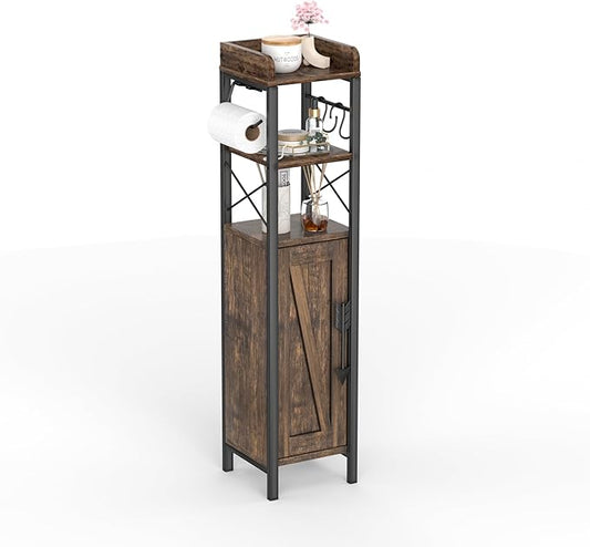 VECELO Slim Toilet Paper Holder, Small Cabinet with Door & 2 Shelves Fenced Top, Bathroom Narrow Storage Organizer for Restroom Bathroom Tiny Space, Rustic Brown