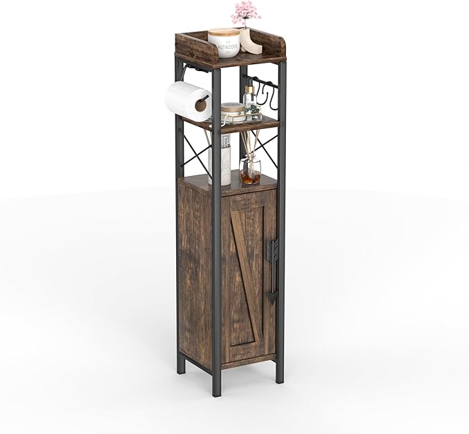 VECELO Slim Toilet Paper Holder, Small Cabinet with Door & 2 Shelves Fenced Top, Bathroom Narrow Storage Organizer for Restroom Bathroom Tiny Space, Rustic Brown