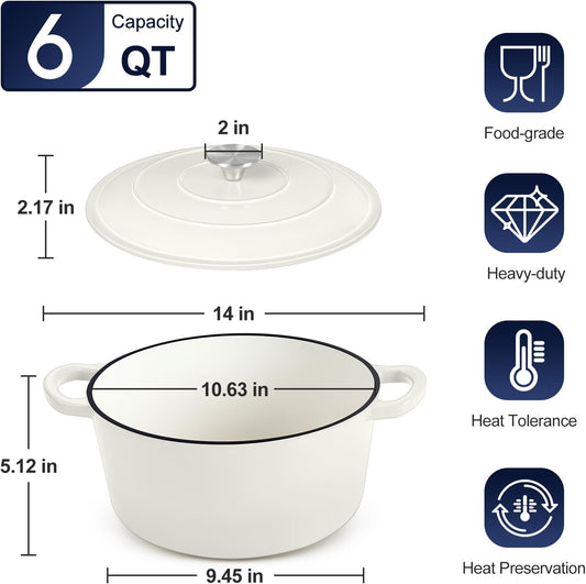 P&P CHEF 6QT Enameled Dutch Oven, Cast Iron Dutch Oven Pot with Lid for Bread Baking, Enameled Casserole Pot for Roasting Braising Stewing Frying Simmering, Various Stoves & Easy Clean, White - Nestoria