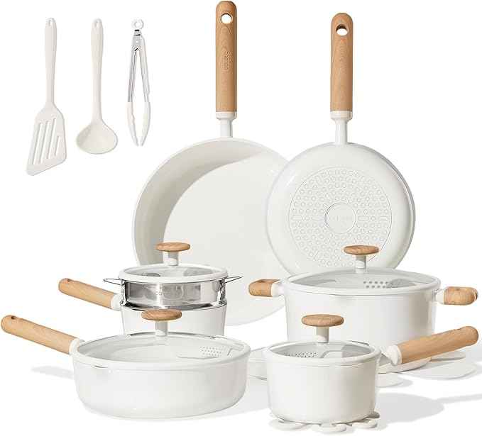 CAROTE Ceramic Cookware Set Nonstick, 21pcs Pots and Pans Set Nonstick, Non-Toxic & PFAS-Free, Dishwasher, RV/Camping Cookware Set, Cooking Pots with Lids, Charcoal Black, Cream