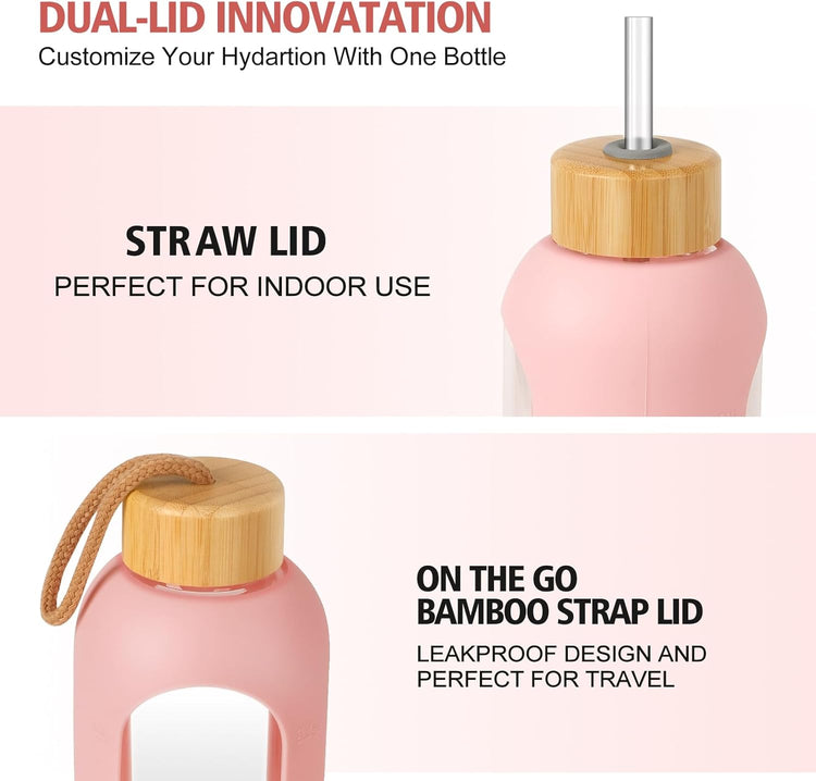 Glass Water Bottles 32 oz - Motivational Drinking Glass Water Bottle with Silicone Sleeve, Straw & 2 Bamboo Lids - 1 Liter Clear Borosilicate Daily Intake Tumbler with Time Marker - Pink