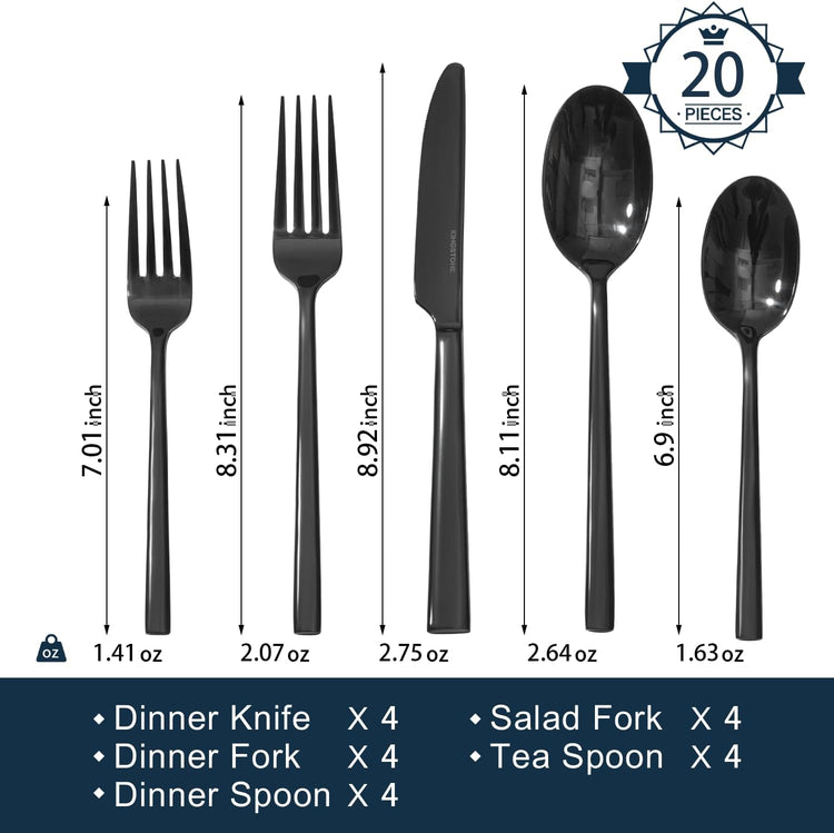 KINGSTONE Black Silverware Set, 20-Piece Forged Flatware Set Cutlery Set Premium Stainless Steel, Service for 4, for Kitchen, Home, Wedding, Party, Mirror Polished and Dishwasher Safe
