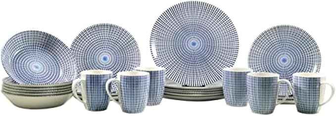 Tudor Royal Collection 24-Piece Round Dinnerware Set, Service for 6, Singapore Design, Blue Spiral, Plates Bowls Mugs Dishes, High-Gloss Premium Quality