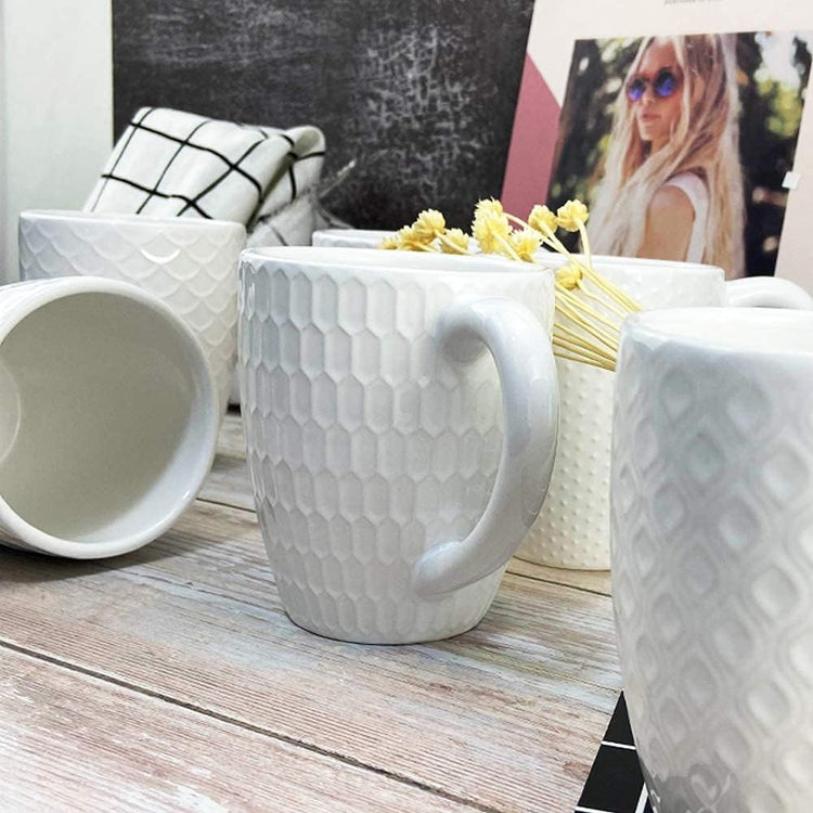Schliersee 12 OZ White Ceramic Coffee Mugs set of 6, Stylish Embossed Coffee Cups Set for Coffee, Tea, Milk, Cocoa, Cereal