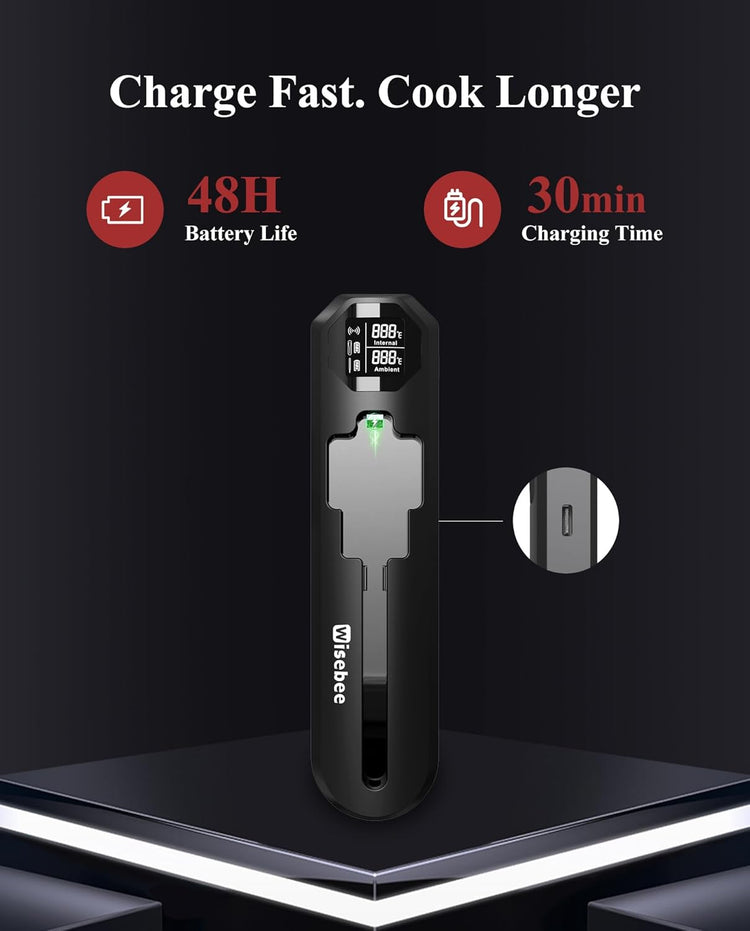Wisebee Meat Thermometer Digital Wireless,328FT Smart Bluetooth Probe Waterproof Thermometer with Remote Monitoring| Real-Time Readings| Rechargeable LCD Booster| Dual Alarm| App Controlled| Cooking