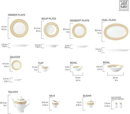 HOMEHUT 97-Piece Gold Dinnerware Set with 18/10 Premium Stainless Steel Silverware Flatware - Greek Key Gold HQ Fine China Tableware Service for 8 People