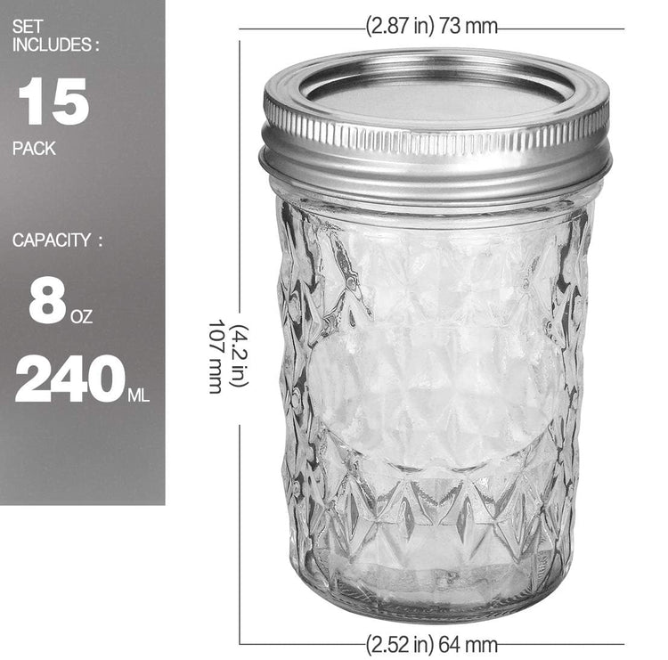 Mason Jars 15 PACK 8 OZ Canning Jars Jelly Jars With Regular Lids (15 Count)