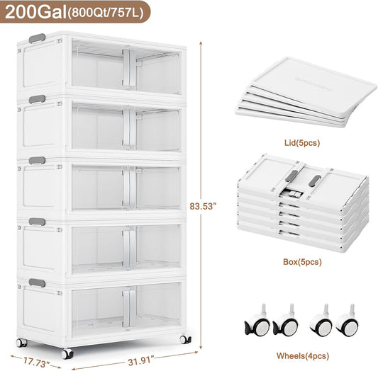 800QT Stackable Storage Bins with Lids, 200Gal Extra Large Collapsible Storage Box with Wheel, Plastic Storages with Clear Door Open Front for Home Bedroom Garage, White-5pack(5 lids)