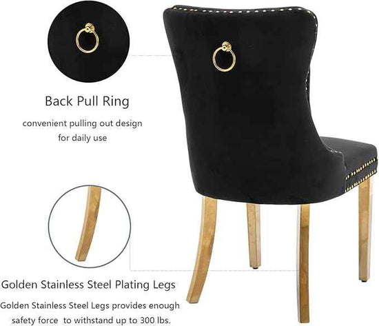 Black Dining Chairs Set of 2, Velvet Upholstered Dining Room Chairs with Back Ring Pull Trim and Golden Stainless Steel Legs, Tufted Wingback Chair Perfect for Dining Room,Kitchen(Black)