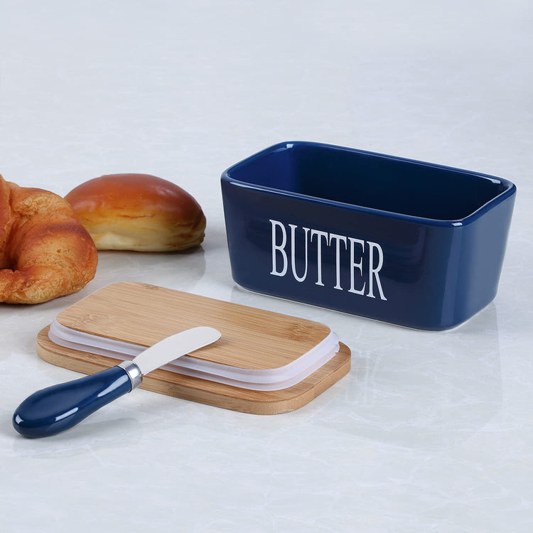Ceramic Butter Dish with Bamboo Lid and Stainless Steel Knife Spreader