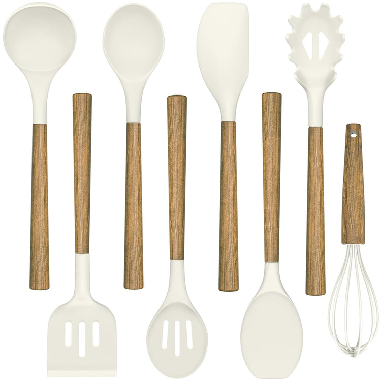 Non Stick Silicone Kitchen Utensils Set with Natural Acacia Hard Wood Handle (8 Count)