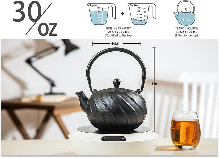 Tea Kettle, TOPTIER Japanese Cast Iron Teapot with Infuser, Cast Iron Tea Kettle Stovetop Safe, Wave Design Teapot Coated with Enameled Interior for 30 Ounce (900 ml), Midnight Black