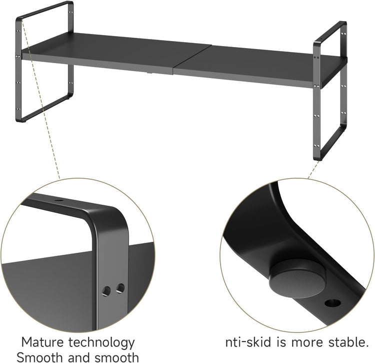 16.5~27.1" Expandable Shelf Organizer, 1Pack 10.2" Wide Stackable Cabinet Shelf Organizers, Black Metal Sturdy Kitchen Counter Storage for Countertop, Adjustable Height Spice Rack