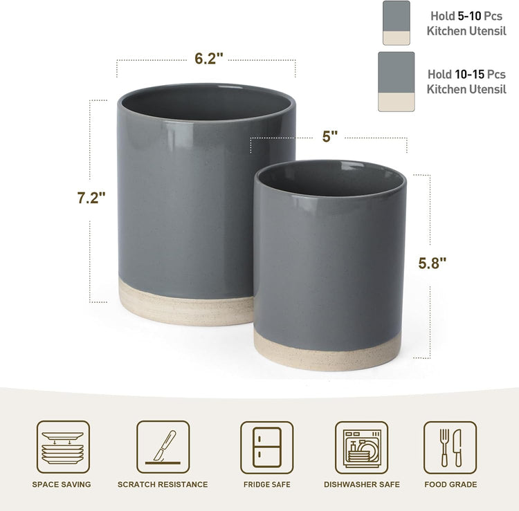 famiware Milkyway Kitchen Utensil Holder for Countertop, 7.2"+5.8" Ceramic Cooking Utensil Crocks for Counter, Utensil Organizer for Spatula & Spoon, Kitchen Decor, Set of 2, Dark Gray