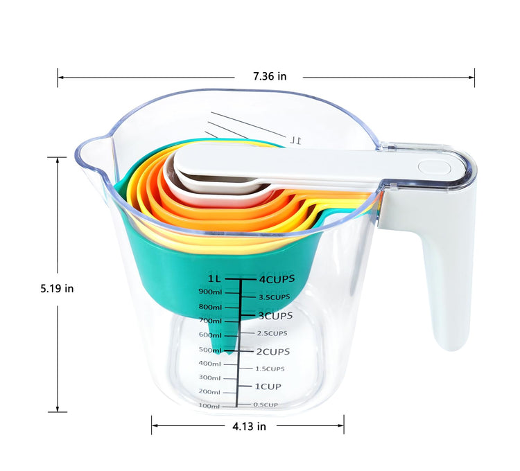 Stackable 10 Piece Measuring Cups and Spoons Set with White Lids