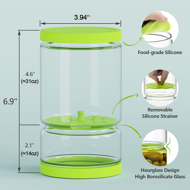 Glass Pickle Jar with Strainer Flip for Pickle Lover - 45 oz Leakproof Airtight Juice Separator for Olive, Gherkin or Chilli, BPA Free, Dishwasher and Refrigerator Safe (Green, 45 oz*1 pack)