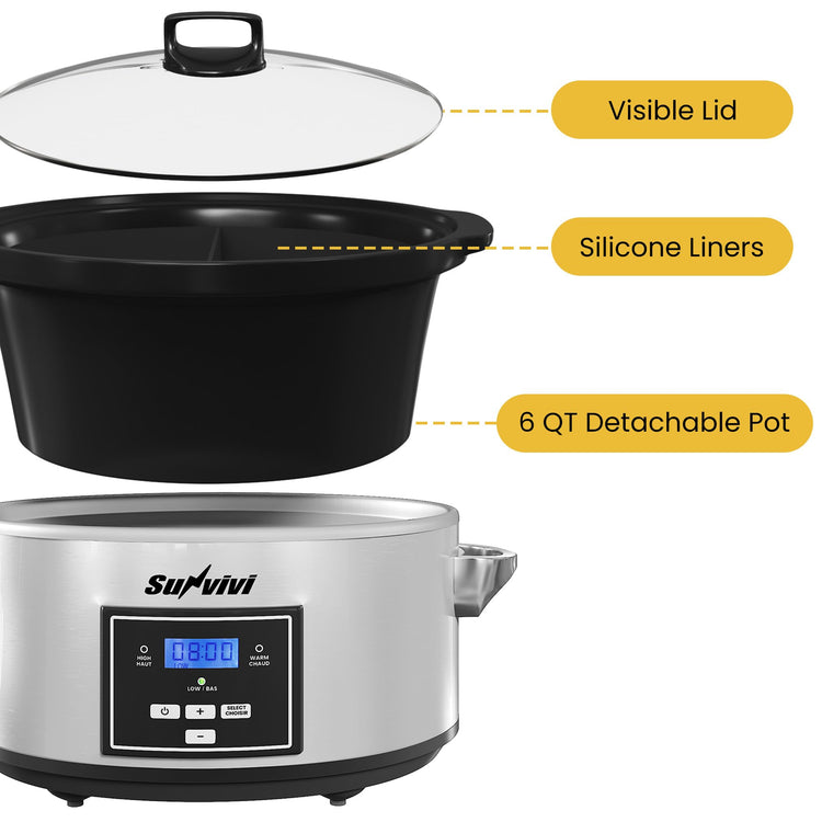 6 Quart Programmable Slow Cooker with 2 in 1 Silicone Liners