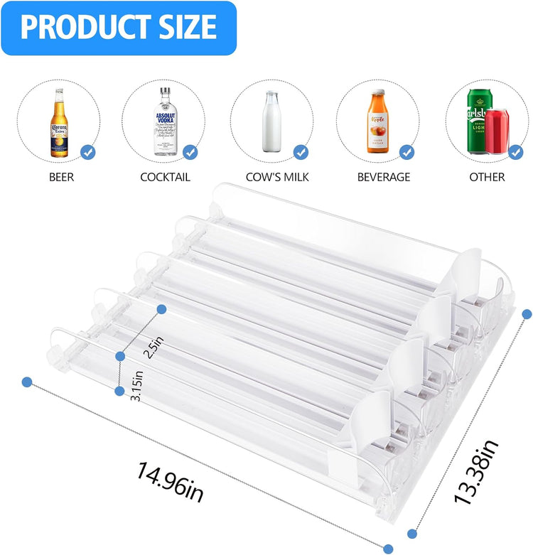 SOLY Drink Organizer for Fridge,Fridge Drink Dispenser for Fridge Automatic Pusher Glide,For Refrigerator Organizing Holds up to 14.96" D, Adjustable for 6-20oz (4 Row)