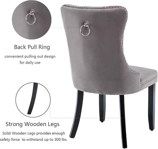 Grey Velvet Dining Chairs Set of 4, Upholstered Dining Room Chairs with Back Ring Pull Trim and Solid Wood Legs,Tufted Wingback Kitchen Chairs for Dining Room,Living Room,Kitchen(Grey)
