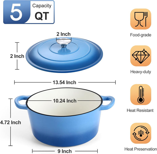 P&P CHEF 5QT Enameled Dutch Oven, Cast Iron Dutch Oven Pot with Lid for Bread Baking, Enameled Casserole Pot for Roasting Braising Stewing Frying Simmering, Various Stoves & Easy Clean, Blue - Nestoria