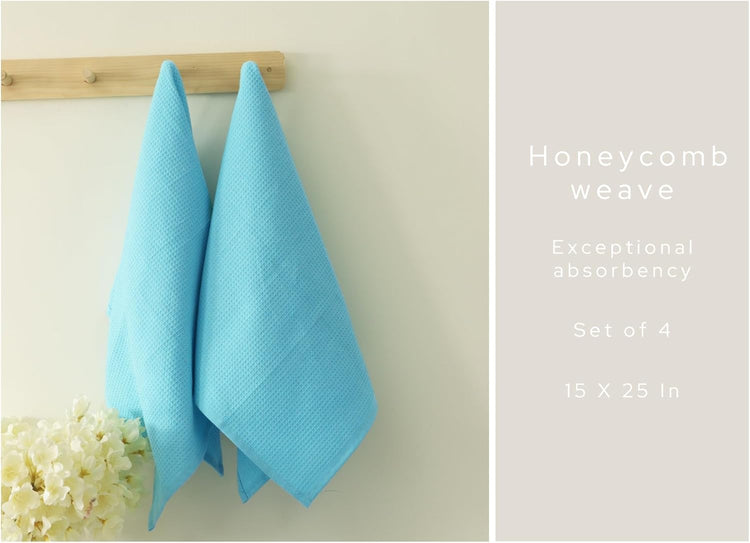 PurpleEssences Waffle Weave Kitchen Towel, 100% Cotton - 15 x 25 Inches, with Hanging Loop Ultra Soft Absorbent Quick Drying Dish Cloth, Tea and Hand Towels, 4 Pack - Spring Summer - Aqua Blue - Nestoria