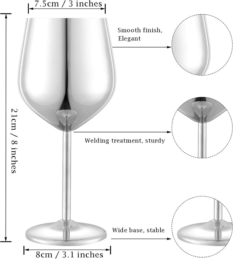 Stainless Steel Wine Glasses Set of 4 Unbreakable Wine Glass 18 oz Unique Metal Wine Goblets for Outdoor, Travel, Camping, Pool, Ideal Gift for Wine Lovers (Mirror-Silver)