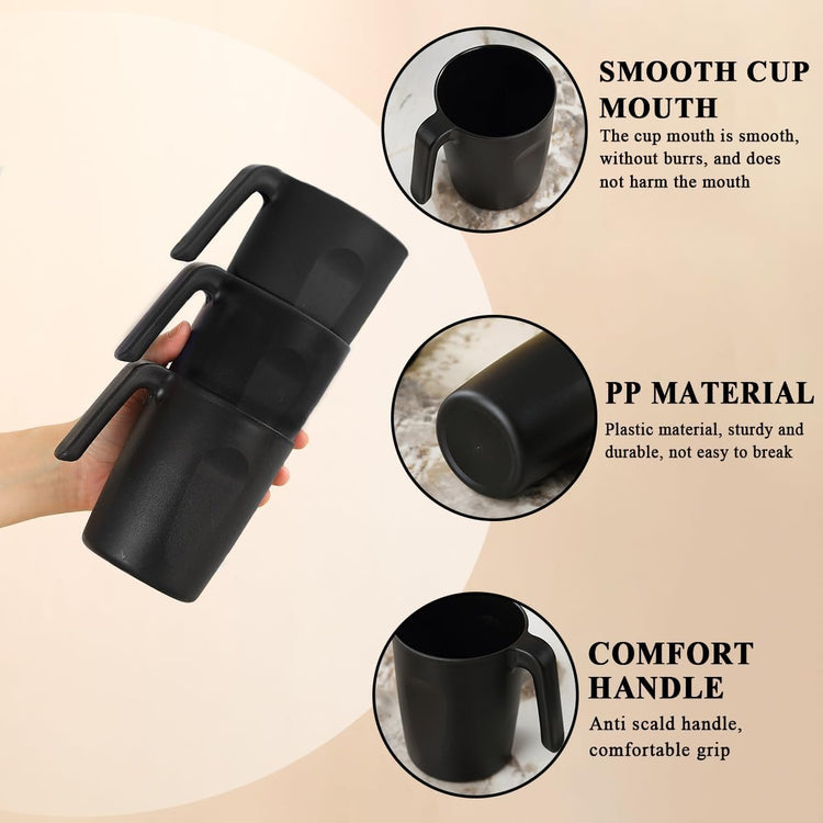 Kyraton Plastic Mug Set 12 Pieces, Black Unbreakable And Reusable Light Weight Travel Coffee Mugs Espresso Cups Easy to Carry And Clean, Dishwasher Safe