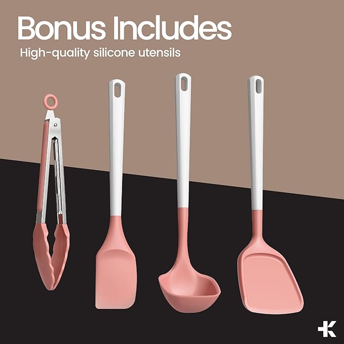 Bakken 12-Piece Aluminum Cookware Set with Ceramic Nonstick Coating, PTFE & PFAS Free, All Stovetop Safe Up To 500°F, Pots and Pans Set with Lids, Silicone Utensils Included, Dishwasher Safe, Pink
