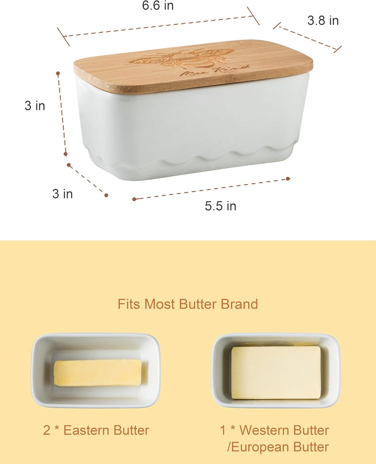 Covered Butter Dish for Countertop, Ceramic Butter Dish with Wooden Lid Airtight Butter Holder Container, Vintage HoneyBee Kitchen Decor, White