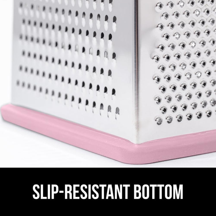 GORILLA GRIP 4-Sided 100% BPA-Free Cheese Grater With Container, Stainless Steel XL Box Graters, Parmesan Shredder, Grate Cheeses, Shred Veggies, Slip Resistant Handle, Dishwasher Safe Zester, Pink