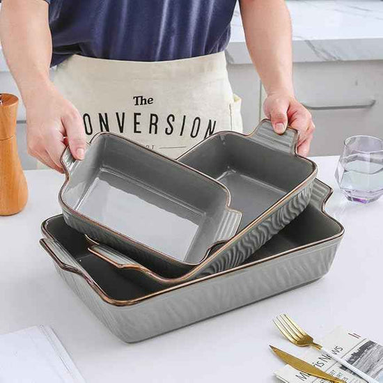 KOOV Bakeware Set, Ceramic Baking Dish Set, Rectangular Casserole Dish Set, Lasagna Pans for Cooking, Cake Dinner, Kitchen, 9 x 13 Inches, Texture Series 3-Piece (Grey)