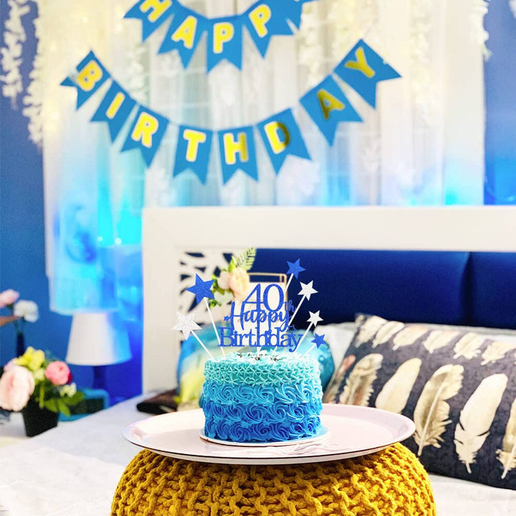 Royal Blue 40th Birthday Cake Topper with Glittery Stars (7 Count)
