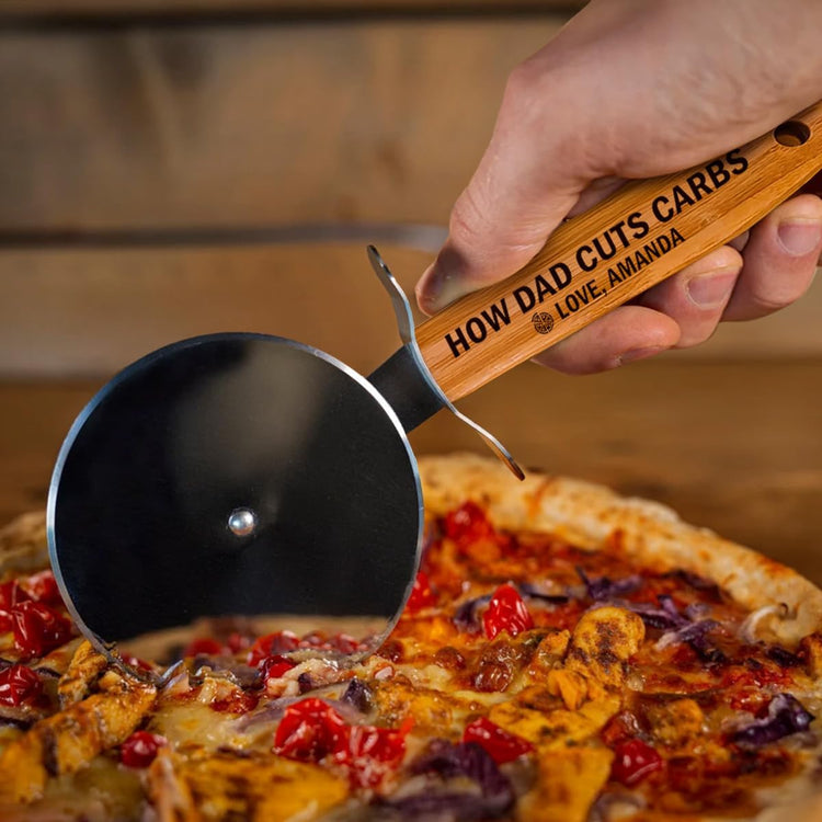 Pizza Cutter Wheel with Sharp Blade - Gifts for Men, Women, Gift for Husband, Birthday & Christmas Gift - Wooden Pizza Wheel Cutter (How Dad Cuts Carbs)