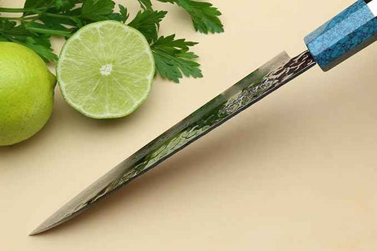 Yoshihiro VG-10 46 Layers Hammered Damascus Petty Utility Japanese Chef Knife Octagonal Turquoise Blue Handle (6'' (150mm))
