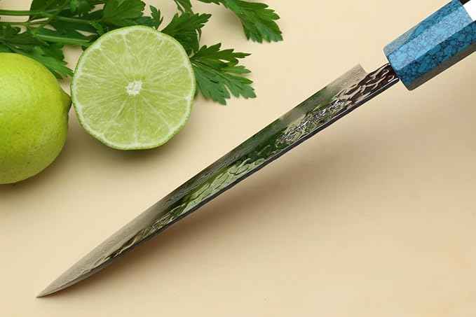 Yoshihiro VG-10 46 Layers Hammered Damascus Petty Utility Japanese Chef Knife Octagonal Turquoise Blue Handle (6'' (150mm))