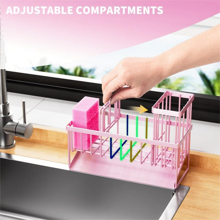 Cisily Pink Kitchen Sink Caddy Organzier with High Brush Holder, Sponge Holder for Sink, 304 Rustproof Stainless, Kitchen Countertop Soap Dispenser Organizer