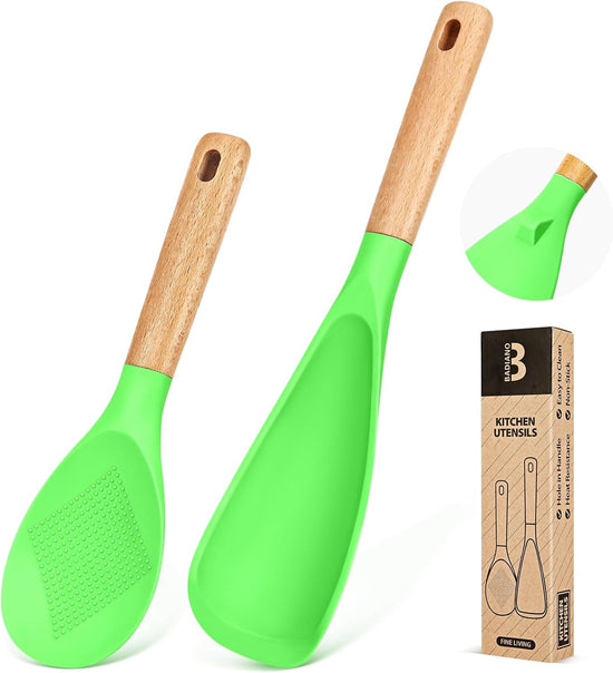 Cooking Spoon and Rice Scooper for Nonstick Cookwares, Great for Cooking and Serving Sturdy BPA-Free Matte Silicone, Wood Handle Spoon for Mixing, Scoop, and Scrape (Apple Green) - Nestoria